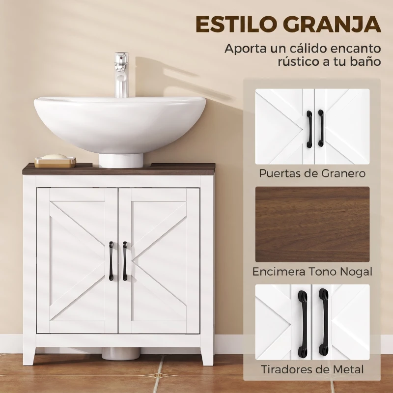 HOMCOM Mueble de Baño Bajo Lavabo Estilo Rústico con Estante Ajustable y 2 Puertas Tipo Granero Blanco