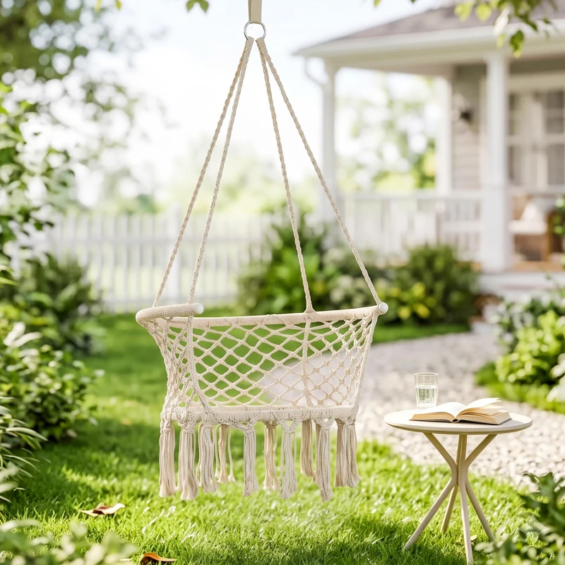 Outsunny Amaca da Giardino in Stile Boho Chic, Sedia Sospesa in Poliestere e Macramè per Interni ed Esterni, Crema, 80x60x36cm