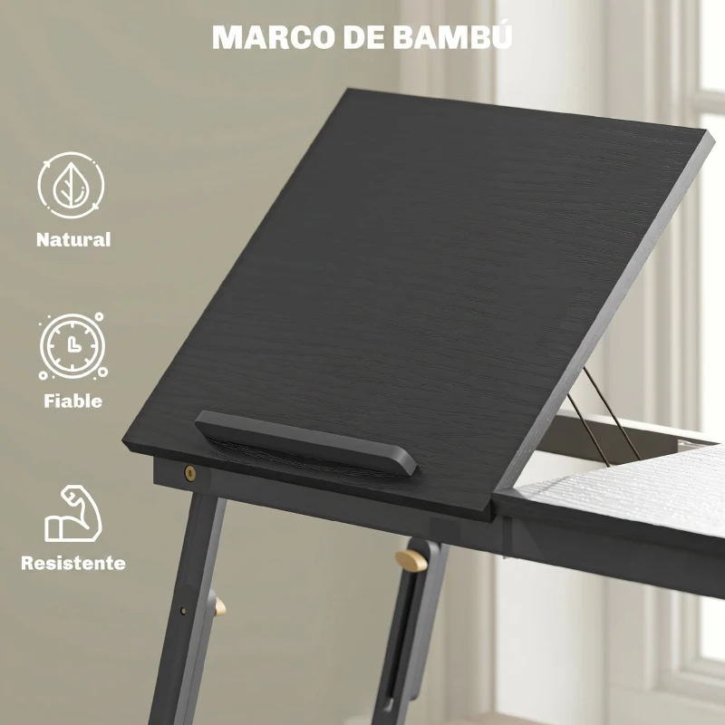 HOMCOM Mesa Reclinable para Cama y Sofá Bandeja Plegable con Cajón Lateral para Ordenador Portátil Libros Cinco Alturas Negro