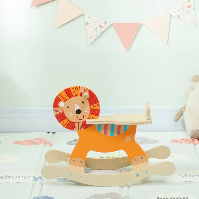 AIYAPLAY Cheval à bascule pour enfants, lion jouet à bascule bébé en bois avec guidon et base stable, 59 x 27 x 43 cm, orange