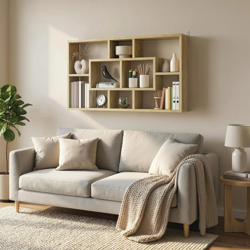 HOMCOM Étagère murale bibliothèque 8 cubes, meuble de rangement, design moderne, 85 x 14,5 x 47,5 cm, chêne