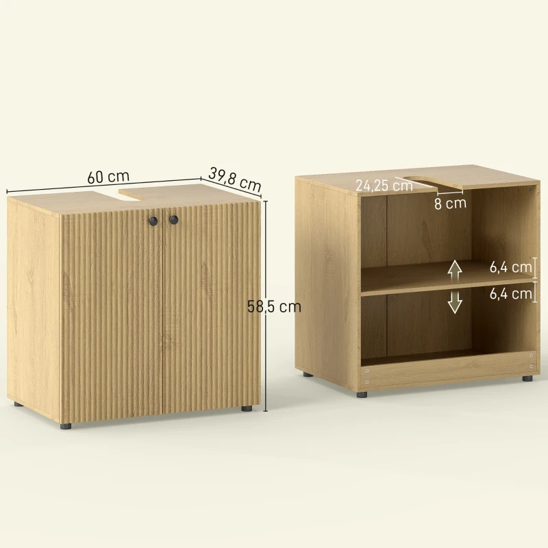HOMCOM Meuble sous lavabo, meuble de salle de bain 2 portes à fermeture amortie, étagère réglable, 60x39,8x58,5cm, bois naturel
