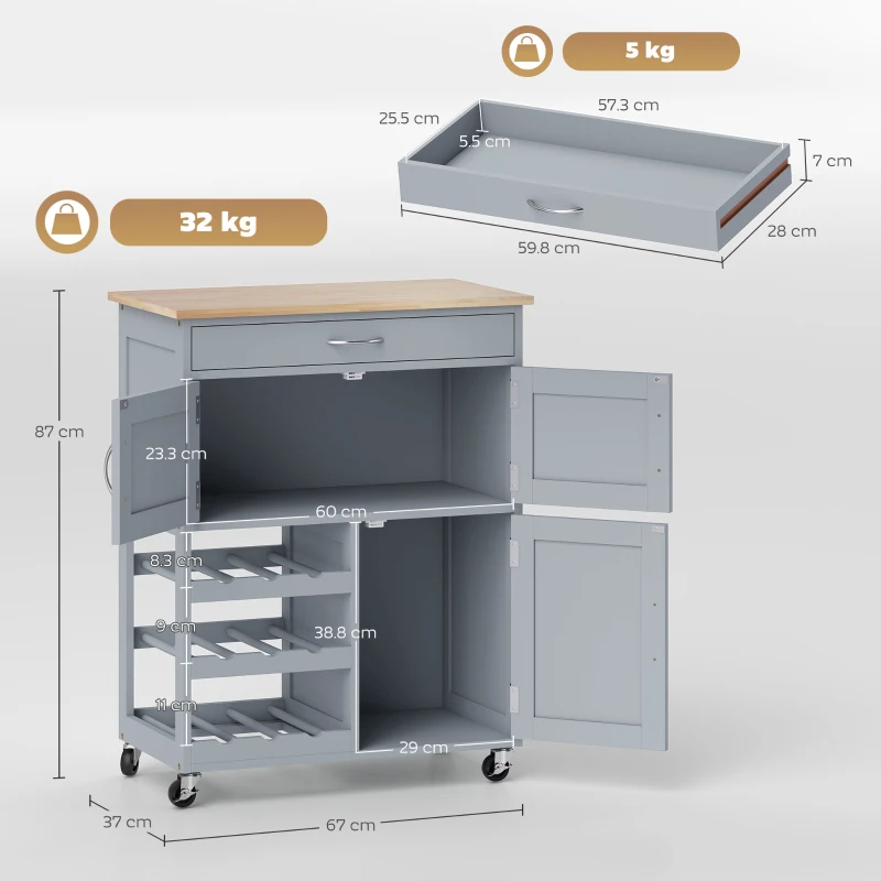 HOMCOM Modern Kitchen Trolley, Rolling Island Storage Cart with Drawer, 9-bottle Wine Rack, Door Cabinets, Wooden Countertop, Grey