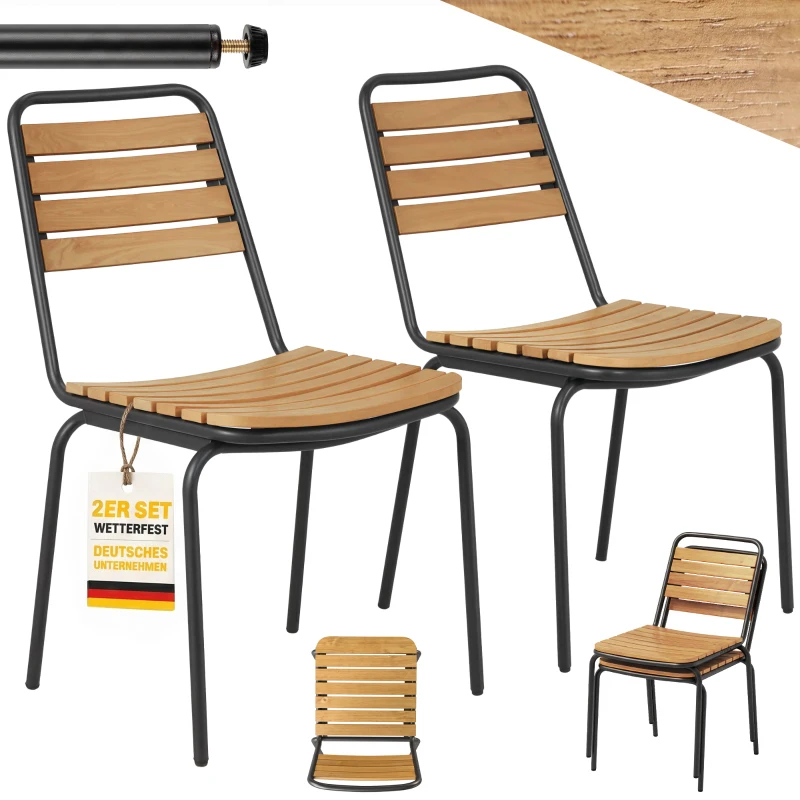 Outsunny Gartenstuhl 2er Set wetterfest Gartenstühle aus Stahl und Holz Stapelstuhl mit Rückenlehne bis 160kg belastbar Naturholz