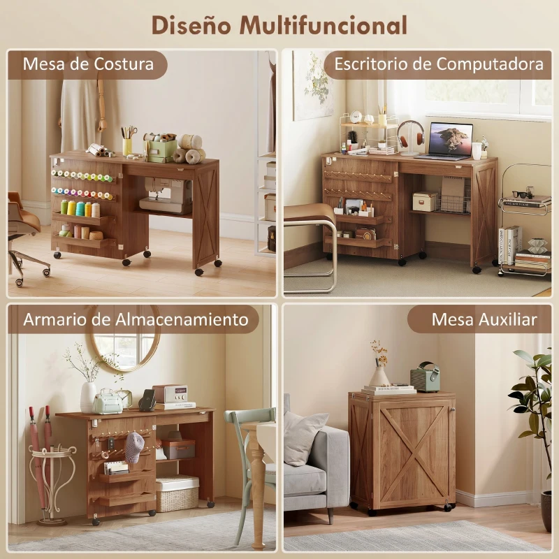 HOMCOM Mesa Máquina de Coser Plegable con Puerta Magnética 2 Compartimentos Estante 18 Soportes para Hilos 5 Ruedas Marrón