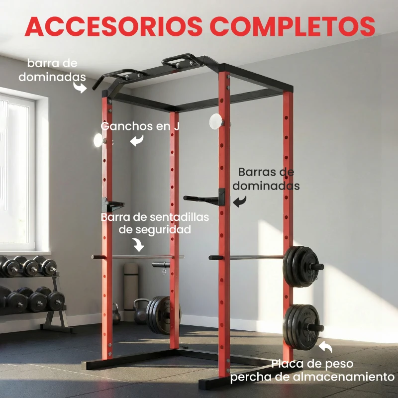 SPORTNOW Jaula de Potencia Rack de Sentadillas con Barra Dominadas Estación de Fondos Ajustable para Casa Gimnasio Carga 460 kg