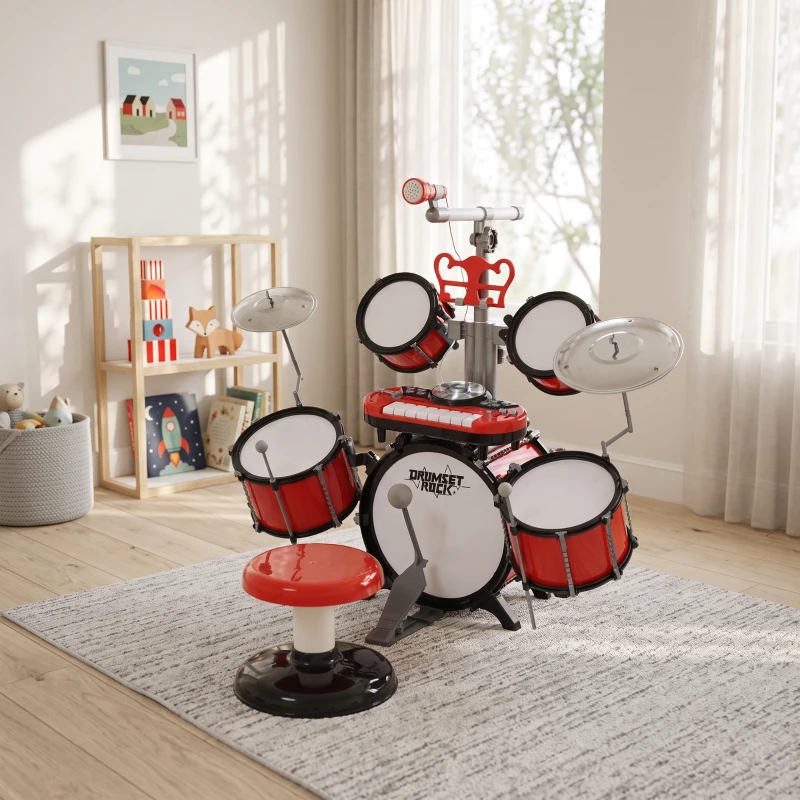HOMCOM Kit de Batterie pour Enfants avec Tabouret, Clavier Électronique, Microphone, Connecté via USB, 77,5x40x76,5cm, Rouge(m-2)