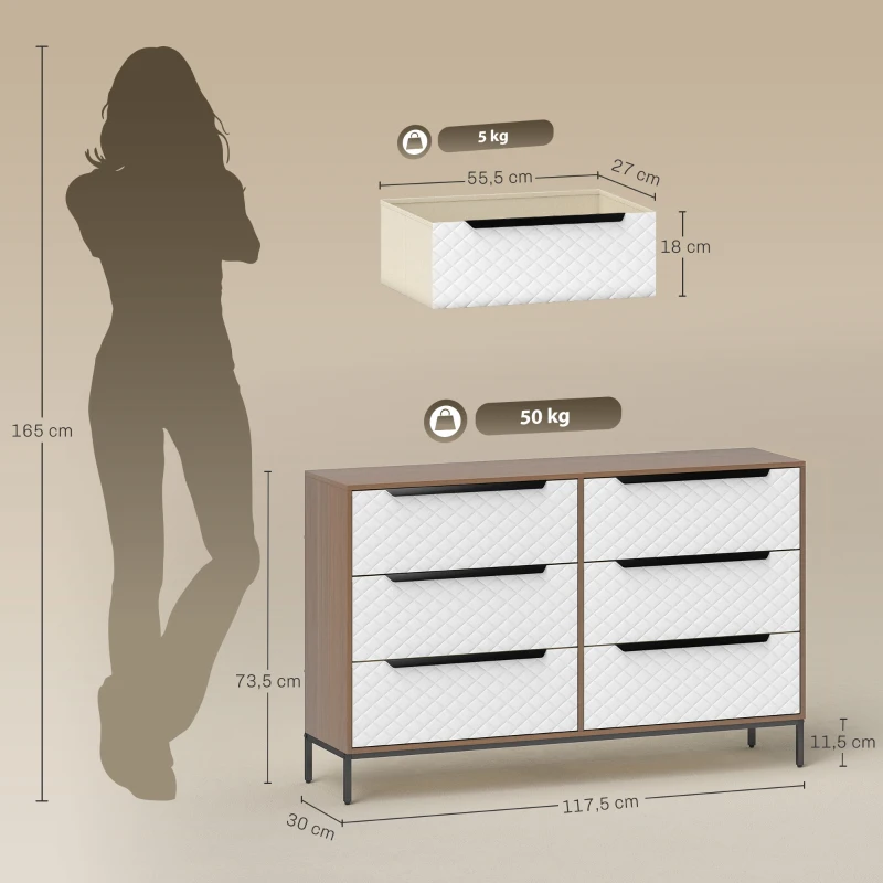 HOMCOM Cómoda con 6 Cajones de Tela Frentes con Patrón de Diamante para Salón Oficina Vestidor Natural y Blanco