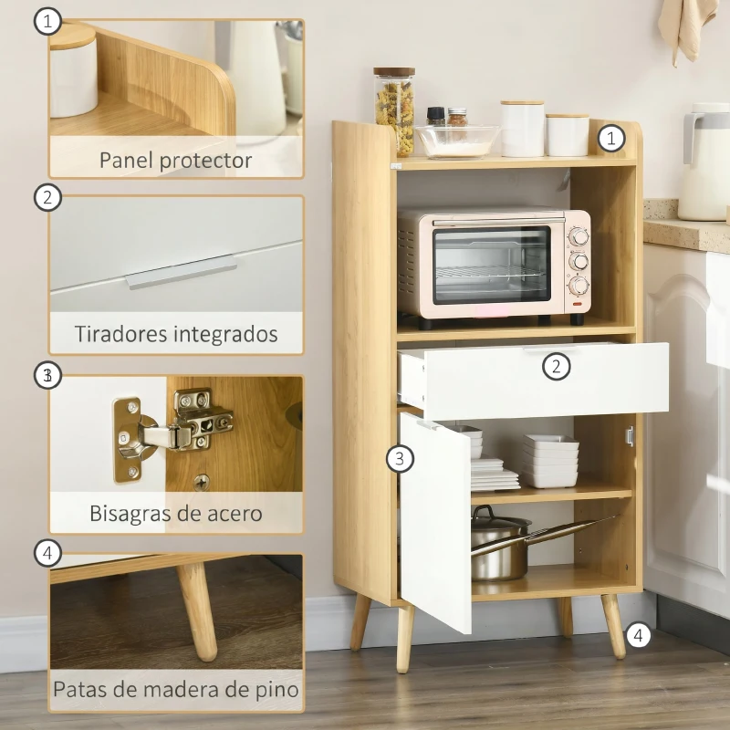 HOMCOM Mueble Microondas Estilo Escandinavo con Armario Cajón y Estante Ajustable 58x40x118 cm Natural y Blanco