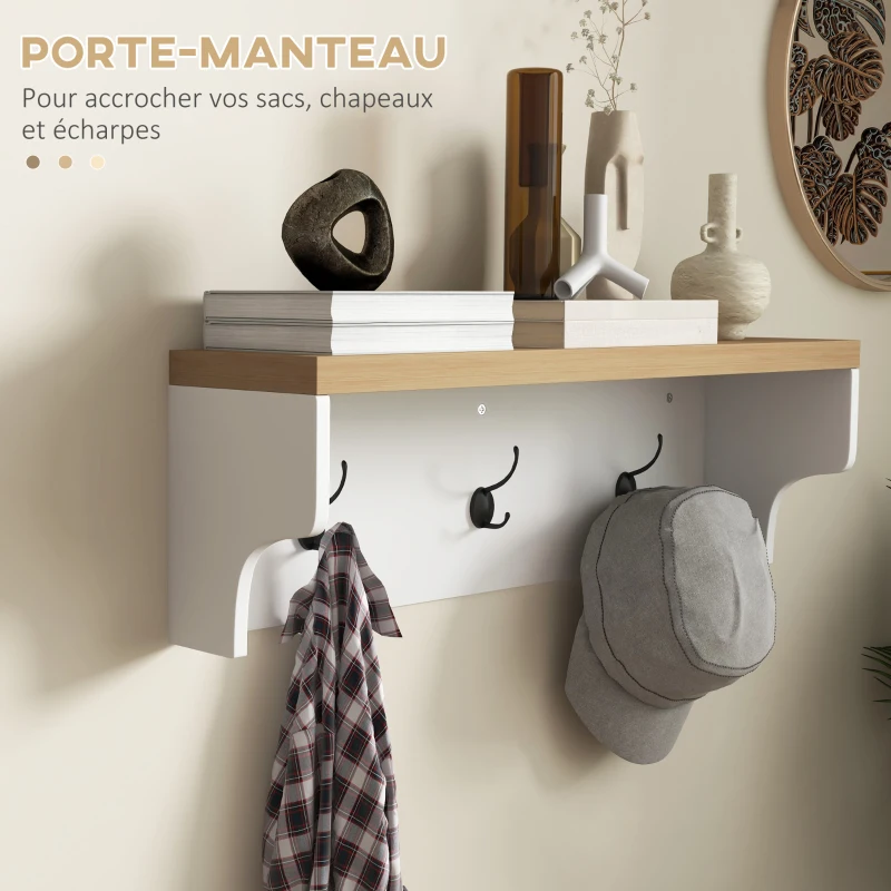 HOMCOM Ensemble meuble d'entrée 2-en-1 porte-manteau mural banc à chaussures 3 crochets et 9 niches 75x30x50cm blanc et chêne