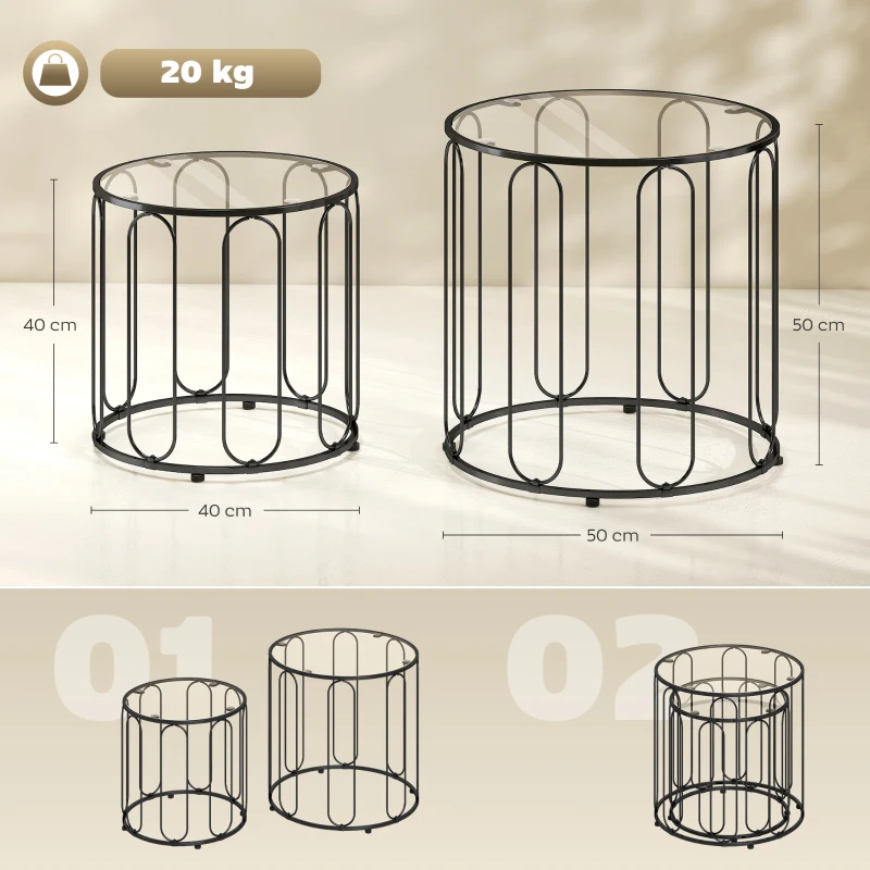 HOMCOM Ensemble de 2 tables gigognes avec structure métallique et plateau en verre Ø50x50 cm et Ø40x40 cm, noir