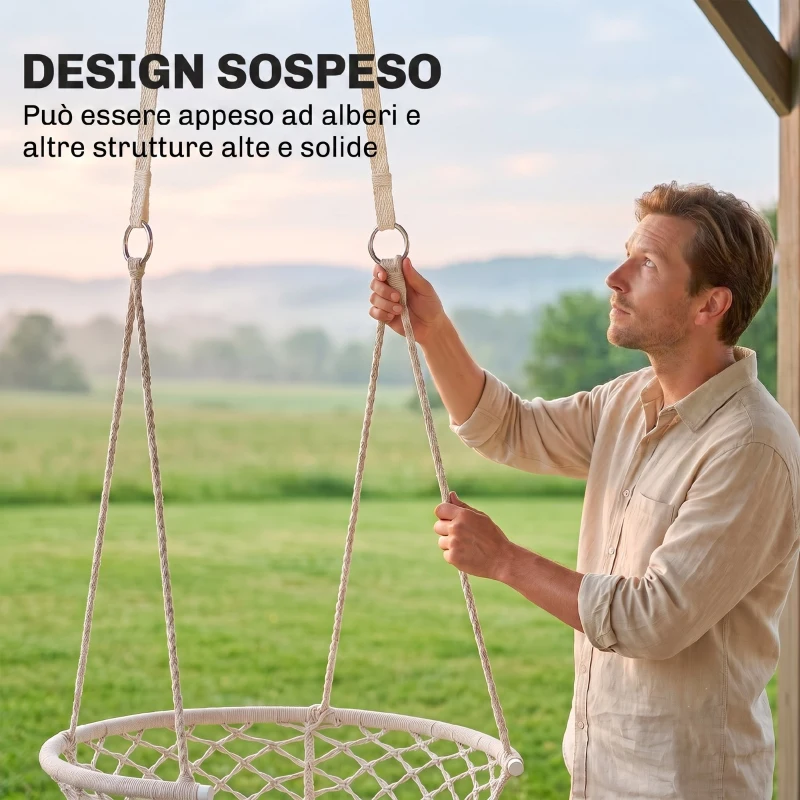 Outsunny Amaca da Giardino in Stile Boho Chic, Sedia Sospesa in Poliestere e Macramè per Interni ed Esterni, Crema, 80x60x36cm