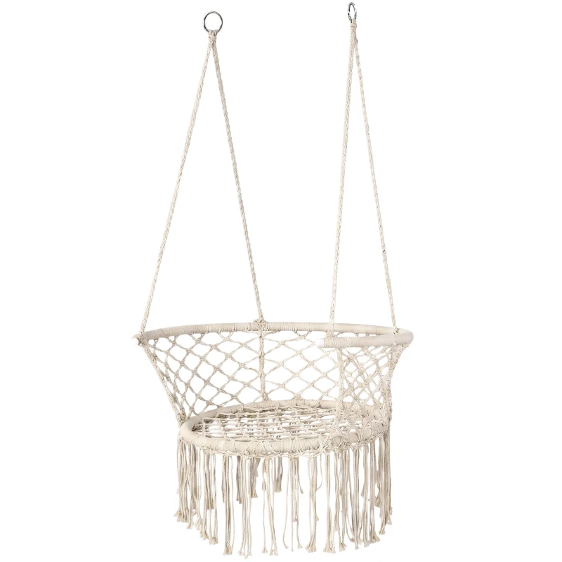 Outsunny Amaca da Giardino in Stile Boho Chic, Sedia Sospesa in Poliestere e Macramè per Interni ed Esterni, Crema, 80x60x36cm
