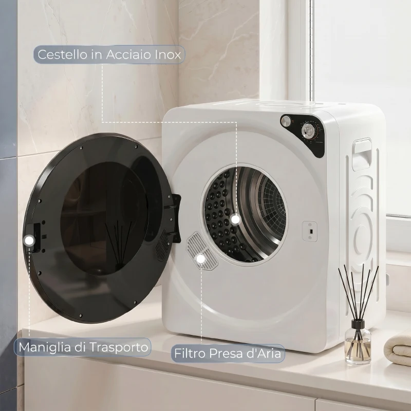 HOMCOM Asciugatrice Portatile da 1000W con 5 Programmi e Timer, in PCM e Acciaio Inox, 49x43x61 cm, Bianco