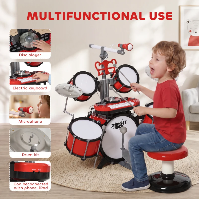 HOMCOM Kids Drum Set for Beginners, Drum Kit with Toy Microphone, Cymbal, Pedal & Drumsticks, Educational Musical Toy, Red
