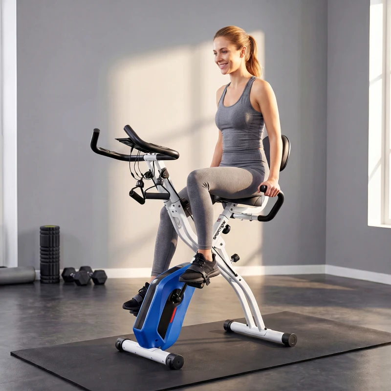 SPORTNOW Vélo d'Appartement Pliable Vélo de Fitness 3 en 1 Silencieux Connecté Kinomap Bluetooth et Zwift 105x53,5x109cm Bleu