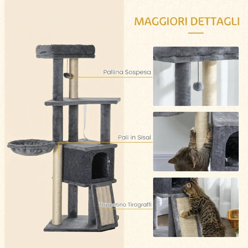 PawHut Albero Tiragraffi per Gatti Alto 127 cm con Pali Graffiatoi in Sisal, Rampa, Cesto, Cuccia, Amaca, Grigio
