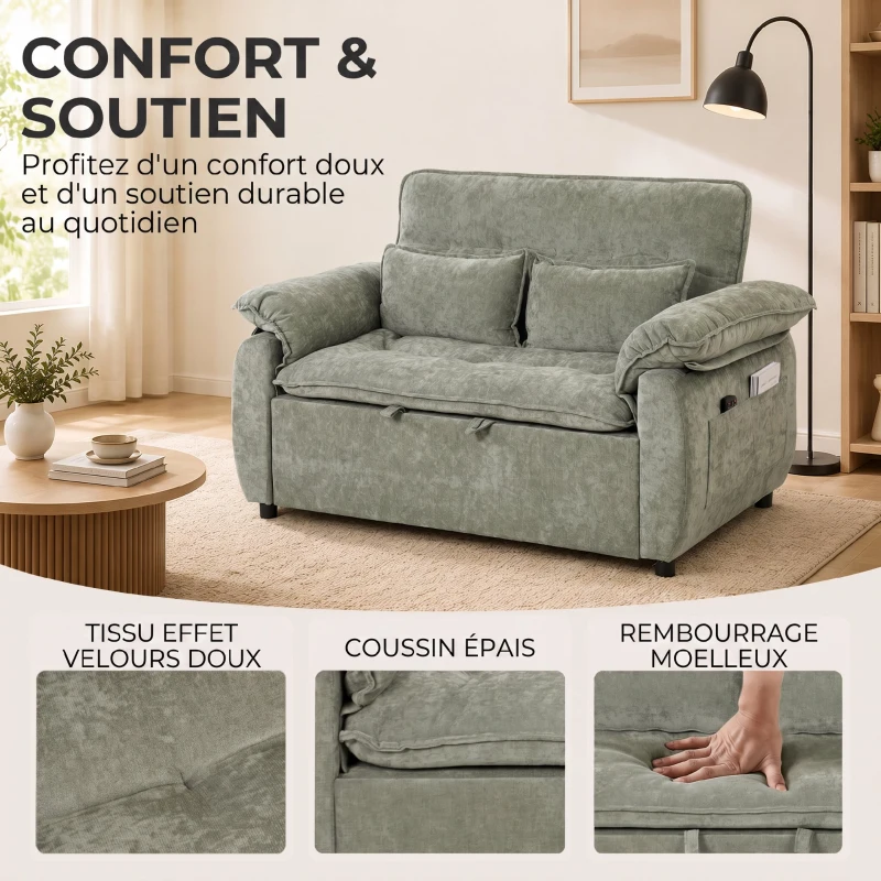 HOMCOM Canapé Convertible 2 Places, Canapé-Lit 3 en 1 Velours 137 cm, Dossier Réglable, Assise Large, 2 Oreillers, Vert