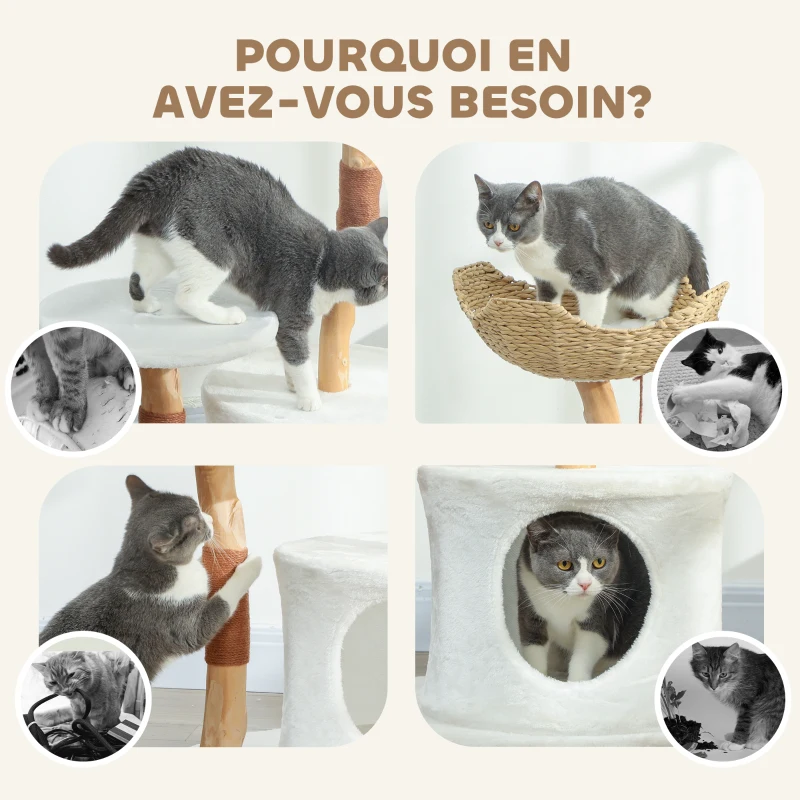 PawHut Arbre à chat tour de jeux pour chats griffoirs plate-forme lit niche coussin moelleux lavable, 55 x 45 x 102 cm blanc