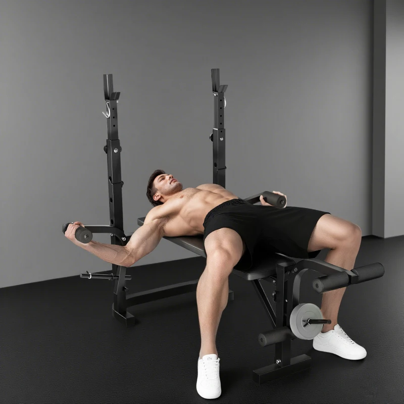 SPORTNOW Banco de Musculación con Soporte para Barra Ajustable Extensión de Piernas Curl de Predicador y Mariposa para Gimnasio