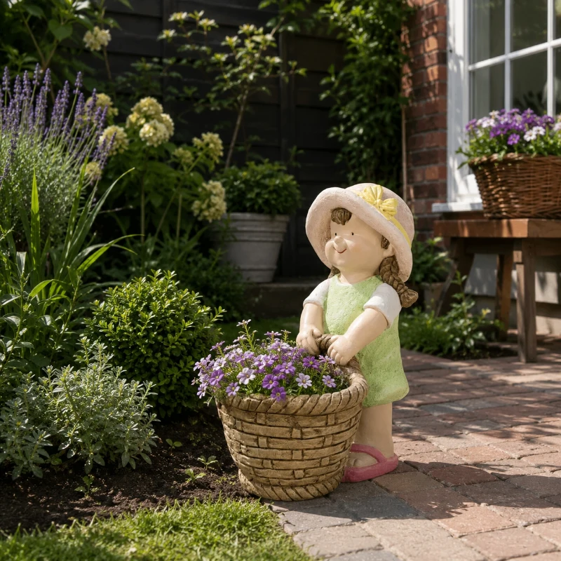 Outsunny Buitenzonnig tuinbeeldje meisje met bloempot Weerbestendig tuinbeeld