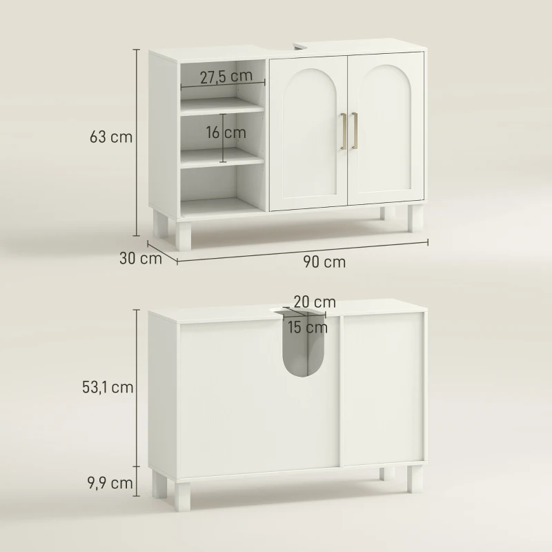 HOMCOM Mueble bajo Lavabo Mueble de Baño Moderno con 2 Puertas y Estantes Ajustables 90x30x63 cm Crema