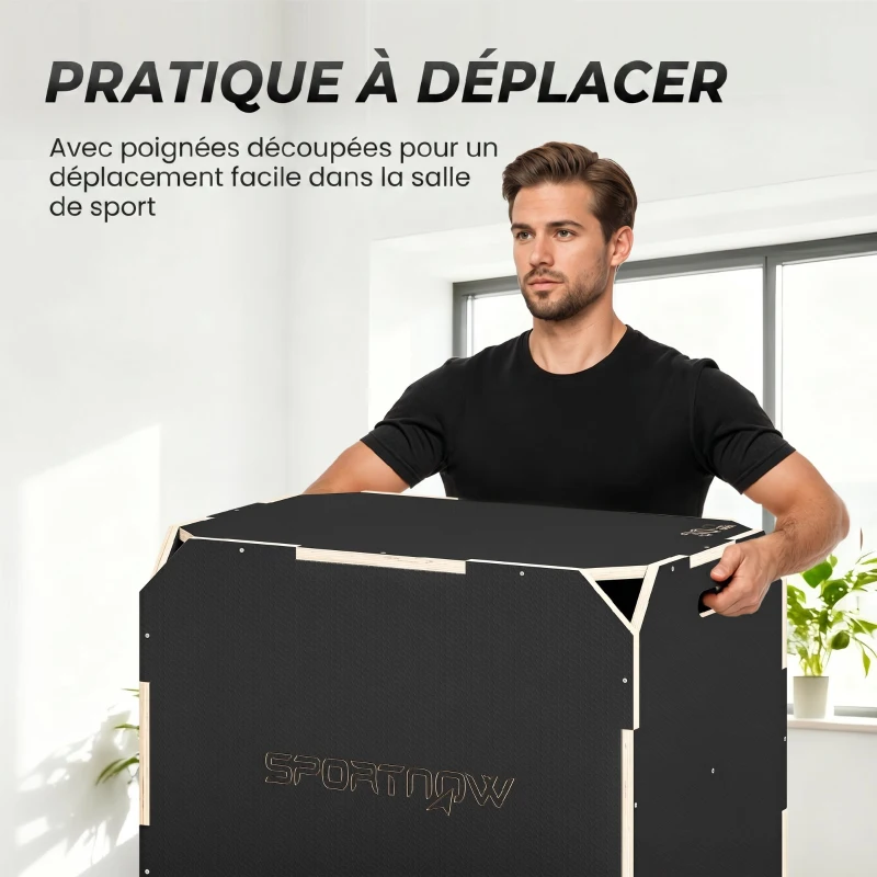 SPORTNOW Boîte Plométrique 3 en 1 en Bois pour Entraînement au Saut, Antidérapant et sans Coins, 76x61x51cm, Noir