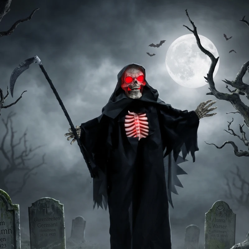 HOMCOM 170 cm Halloween Animierte Sensenmann Deko mit Sound- und Berührungsaktivierung, leuchtenden Augen und Brustkorb