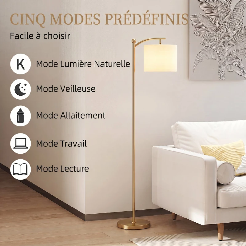 HOMCOM Lampadaire dimmable 2 températures de couleur avec télécommande, minuterie de 60 minutes, 160 cm, doré