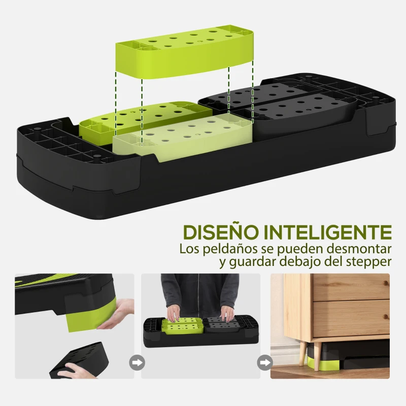HOMCOM Step de Aeróbic para Fitness Antideslizante con Altura Regulable 3 Niveles 10/15/20 cm Carga 150 kg 80x31x20 cm Verde