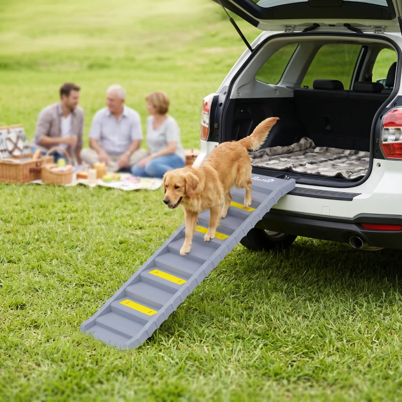 PawHut Rampa para Perros Plegable 154 cm Rampa para Perros para Coche Cama con 10 Escalones Antideslizantes Carga 25 kg Gris