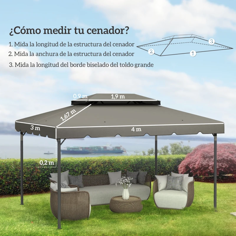 Outsunny Toldo de Recambio para Cenador 4x3 m con Techo Doble Orificios de Drenaje Solo Toldo NO Incluye Marco Gris Claro