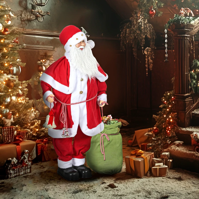 HOMCOM Figurine de Père Noël, Debout de Père Noël Rouge Traditionnelle 140 cm avec Sac de Cadeaux, Effets Sonores et Cloche