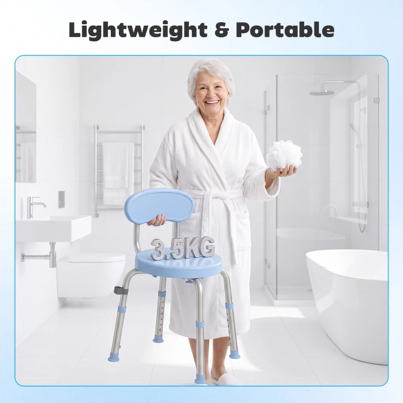 HOMCOM Tabouret de Douche Ronde Pivotant 360°, Hauteur Réglable, Dossier, Pieds Antidérapants, 38,5x37,5x75cm, Bleu Clair