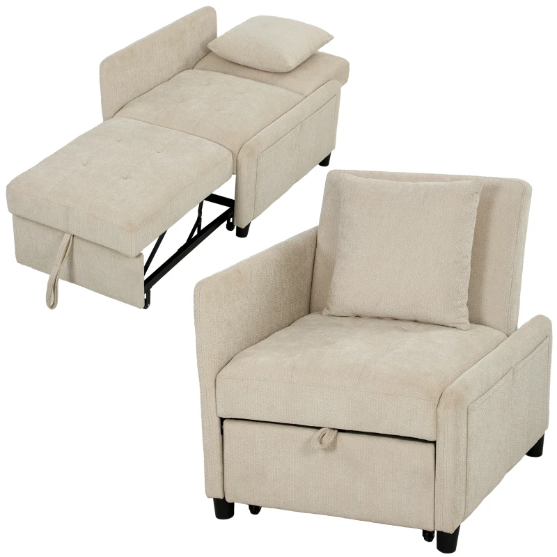 HOMCOM Fauteuil Convertible 1 Place, Fauteuil-Lit Clic-Clac 4 en 1 Rembourré en Chenille, Dossier Réglable, Assise Large, Beige