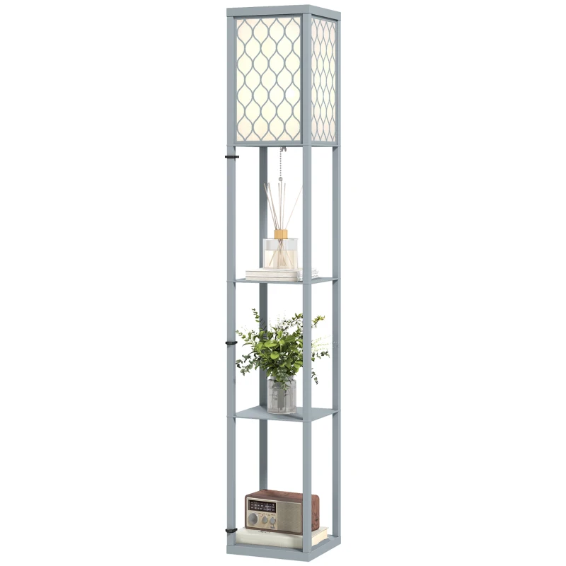 HOMCOM Stehlampe mit Regal, 3 Fächer, kompakte Maße, MDF, Hellgrau