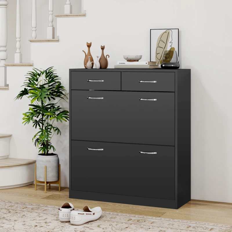 HOMCOM Mobile Scarpiera da 12 Paia con 2 Ripiani Interni Regolabili e 2 Cassetti, in Legno, 80x30x91.5 cm, Nero