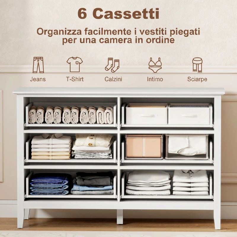 HOMCOM Cassettiera Camera da Letto Scanalato con 6 Cassetti, Maniglie e 5 Gambe per Corridoio Soggiorno Ingresso, Bianco