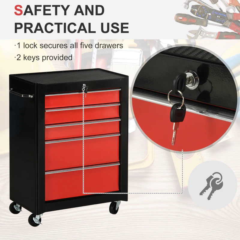 HOMCOM Carrello Porta Attrezzi con 5 Cassetti, Tappetini in EVA, Carrello Officina Portautensili con Serratura e 2 Chiavi, 4 Ruote Girevoli (2 con Freno), Maniglia, in Acciaio per Garage, Nero Rosso