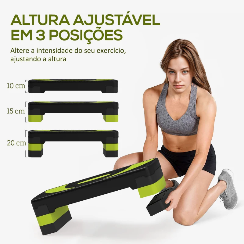 HOMCOM Step para Exercício Aeróbico Plataforma Step com Altura Ajustável em 3 Níveis 80x31x10-20 cm Verde e Preto