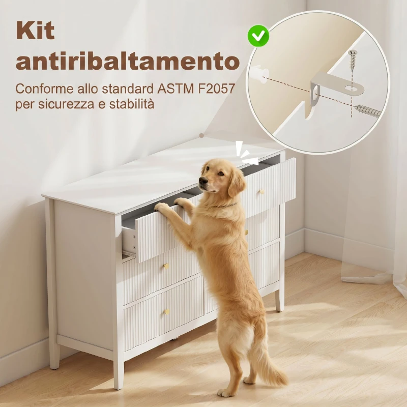 HOMCOM Cassettiera Camera da Letto Scanalato con 6 Cassetti, Maniglie e 5 Gambe per Corridoio Soggiorno Ingresso, Bianco