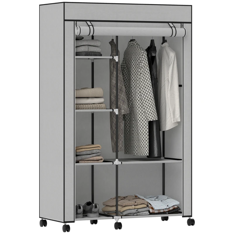 HOMCOM Dulap Portabil din Material Netesut și Oțel cu Roți, 6 Rafturi Deschise, Umeraș, Gri Deschis