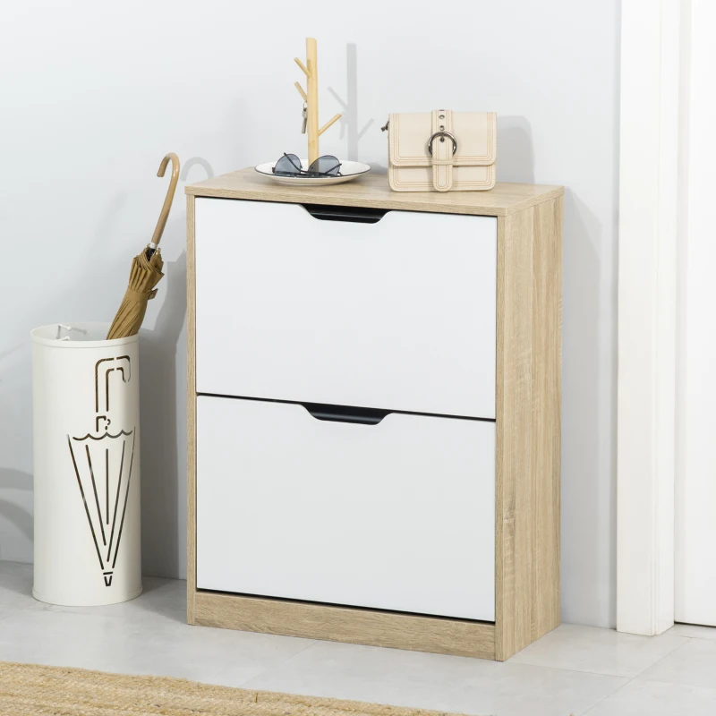 HOMCOM Armário para Sapatos Sapateira de Madeira com 2 Portas Abatíveis 4 Prateleiras de Armazenamento Capacidade 8 Pares de Sapatos para Entrada Corredor Dormitório 62,5x26x81cm Branco e Natural