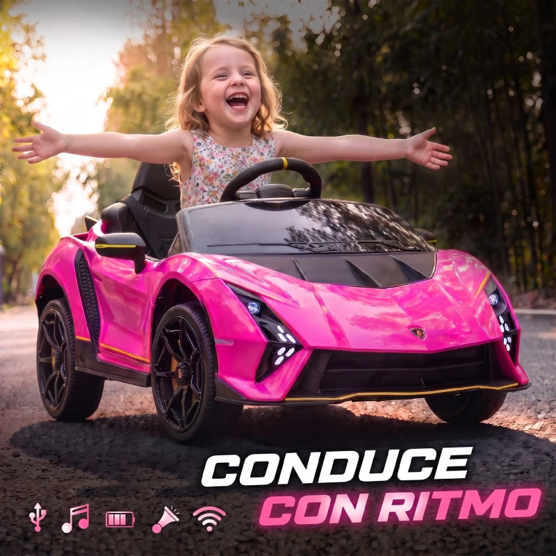 AIYAPLAY Coche Eléctrico para Niños Lamborghini Autentica con Batería 12V Mando a Distancia Faros Bocina Arranque Suave y Música MP3 Rosa