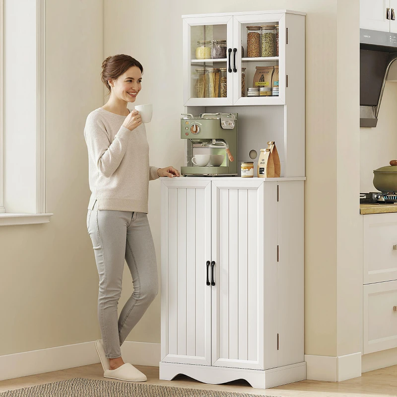 HOMCOM Buffet haut cuisine armoire de cuisine 4 portes 8 porte-épices plan de travail étagère réglable 60x39,5x179,6cm blanc(m-9)