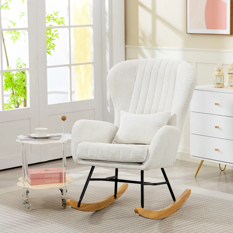 HOMCOM Fauteuil à bascule, rocking chair avec coussin, assise rembourré, dossier haut, 67 x 88 x 104 cm, blanc
