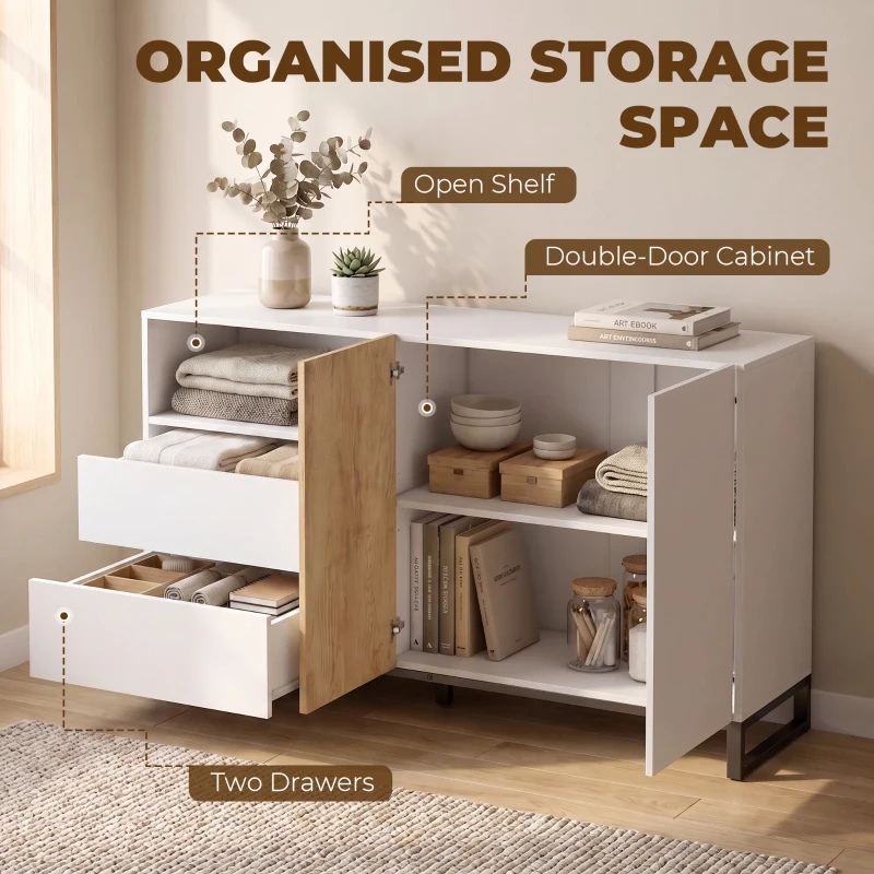 HOMCOM Bufet Modern 140 cm cu Poliță Deschisă, Alb și Stejar