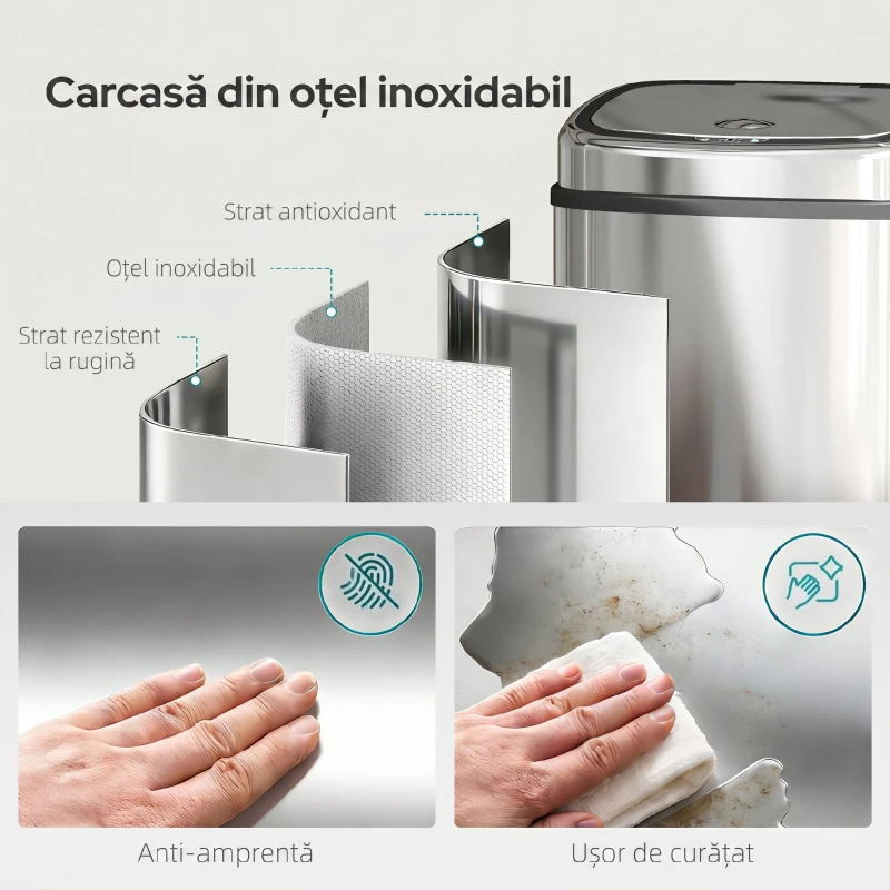 HOMCOM Coș de gunoi cu senzor infraroșu 50L, 2 moduri de deschidere, oțel inoxidabil, argintiu