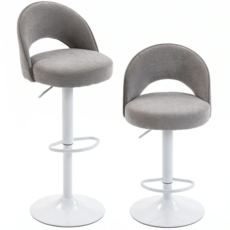 HOMCOM Set de 2 taburete de bar, scaune de bar reglabile pe înălțime, șezut căptușit din chenille, pivotant 360°, Gri