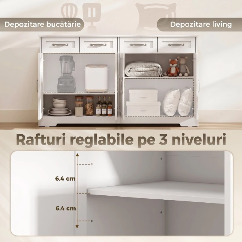 HOMCOM Dulap de Bucătărie, Mobilier de Bucătărie cu 4 Sertare, 4 Uși și 2 Rafturi Reglabile, Alb